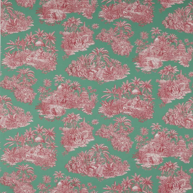 Mint green scenic cotton fabric with pink palm and pavilion motifs