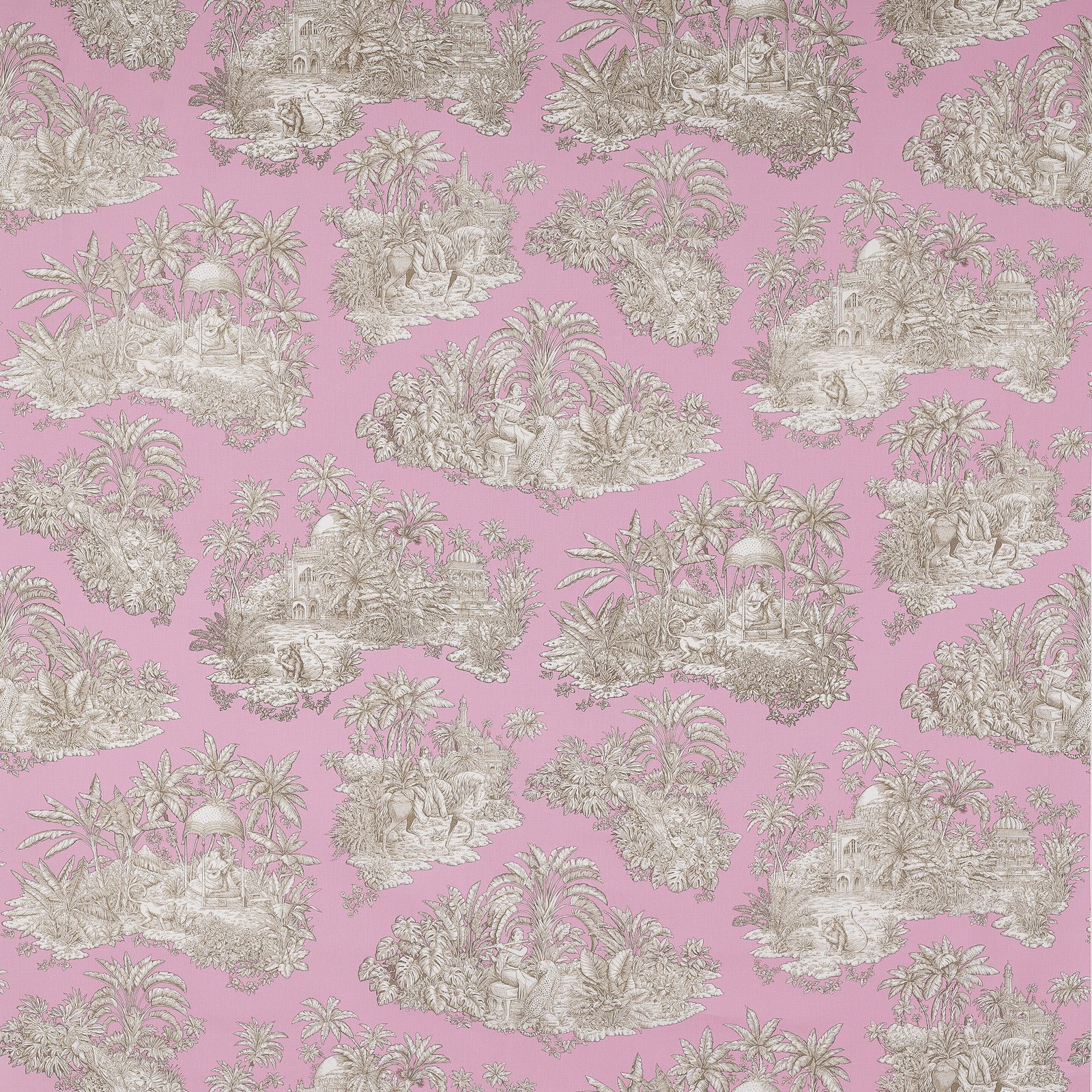 Pink cotton fabric with ivory tropical landscape scenes and palm motifs