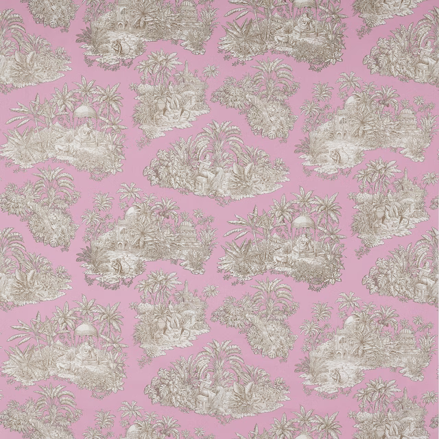 Pink cotton fabric with ivory tropical landscape scenes and palm motifs