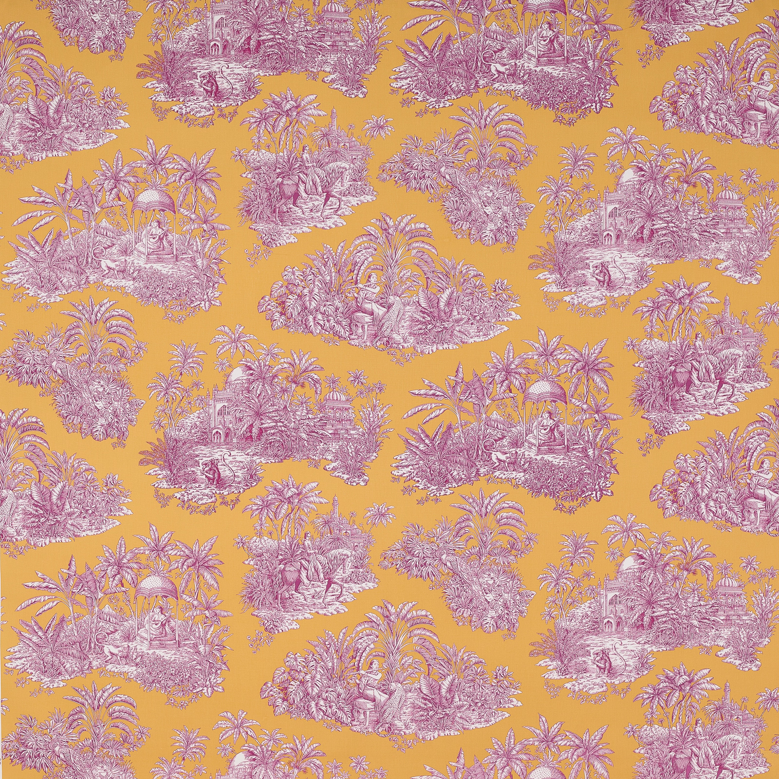 Pink toile-style island scenes with palms on a saffron-gold cotton fabric