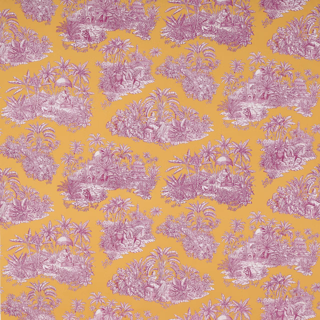 Pink toile-style island scenes with palms on a saffron-gold cotton fabric
