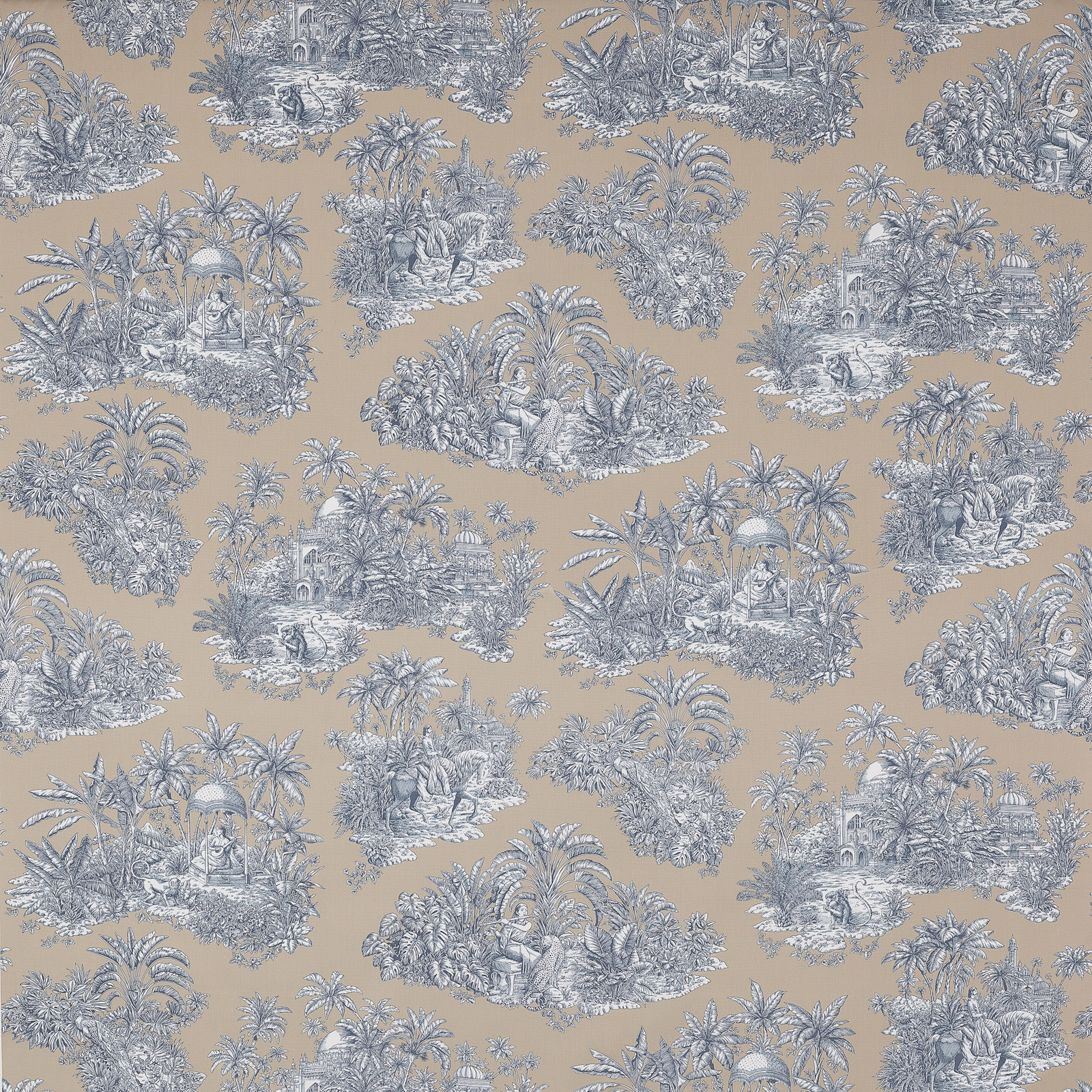 Taupe cotton fabric with pale blue-grey tropical toile scenes and palms
