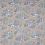 Taupe cotton fabric with pale blue-grey tropical toile scenes and palms