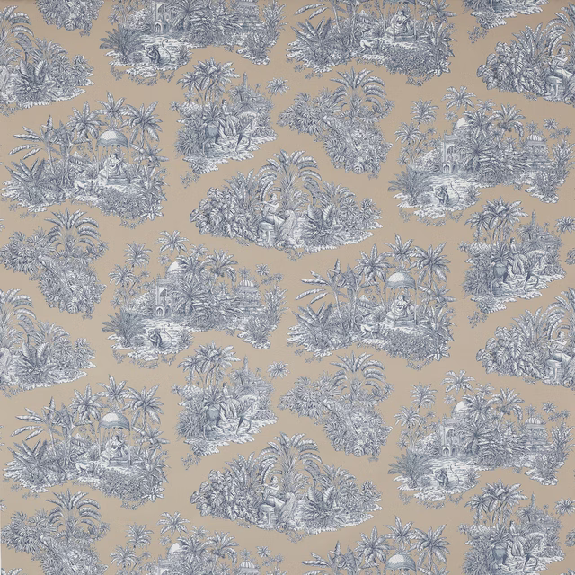 Taupe cotton fabric with pale blue-grey tropical toile scenes and palms