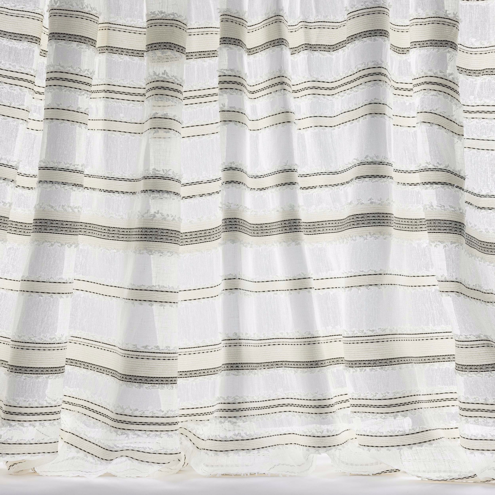Sheer ivory striped fabric with fine dark horizontal bands and subtle slub texture
