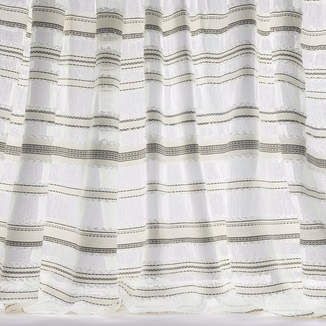 Sheer ivory striped fabric with fine dark horizontal bands and subtle slub texture