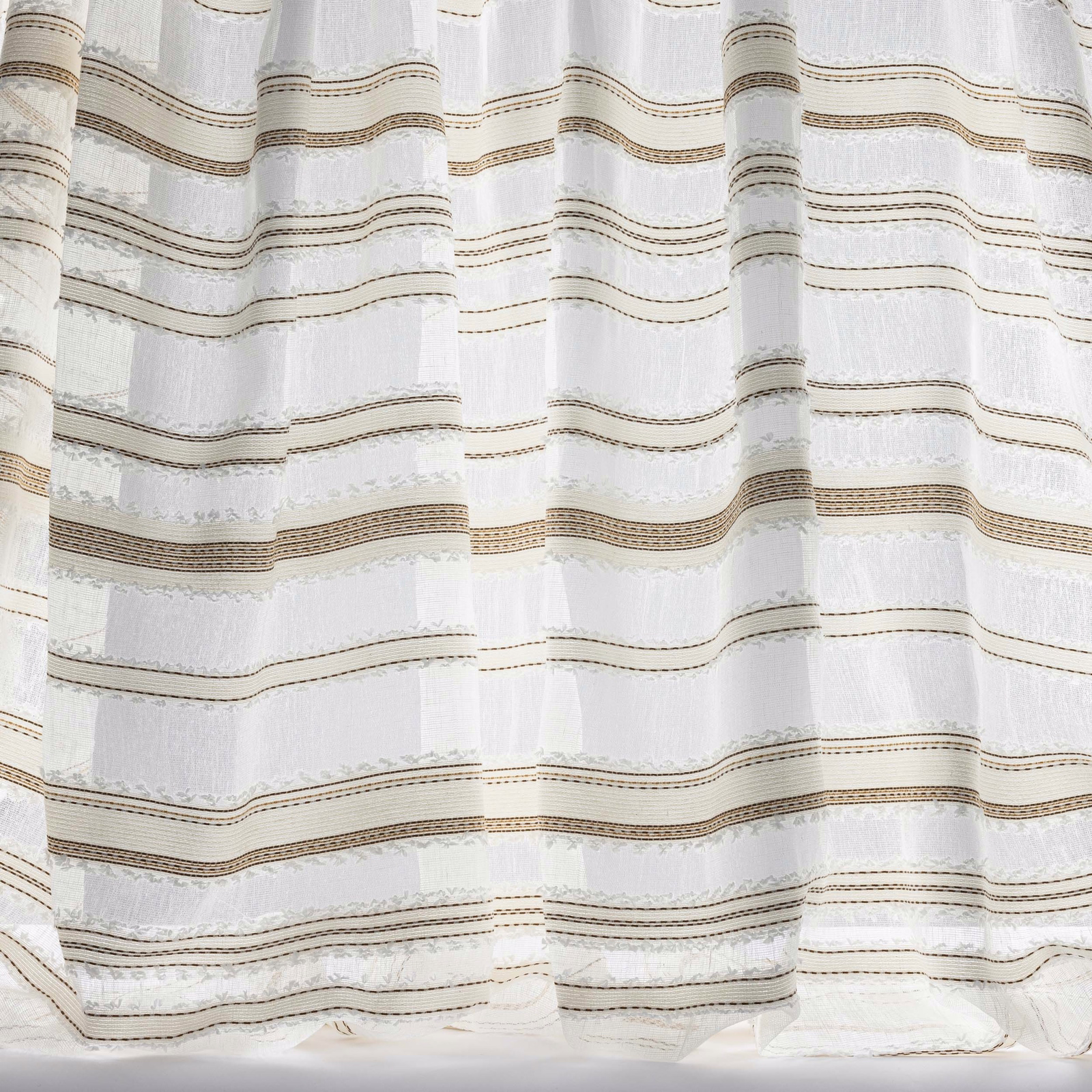 Sheer ivory fabric with soft taupe horizontal stripes and textured weave