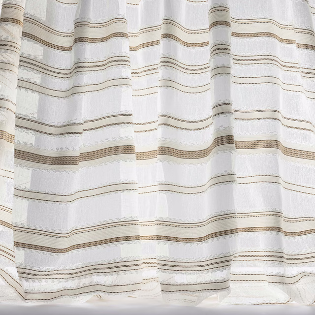 Sheer ivory fabric with soft taupe horizontal stripes and textured weave