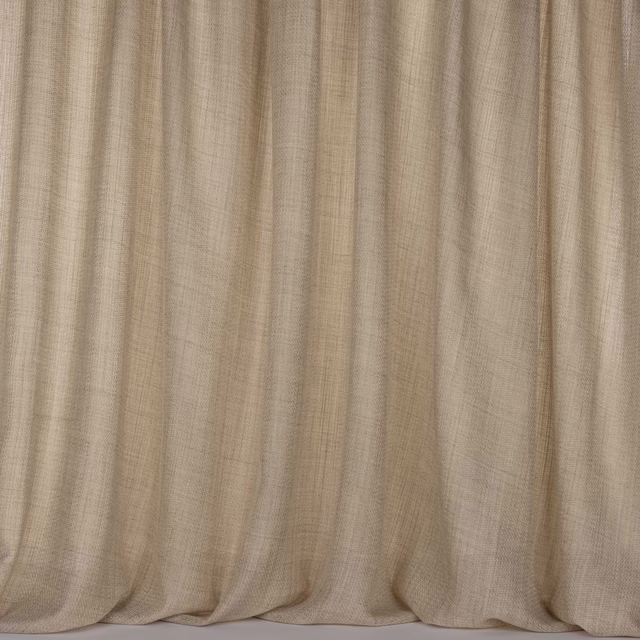 Soft sand-beige woven fabric shown in full drape with gentle vertical folds