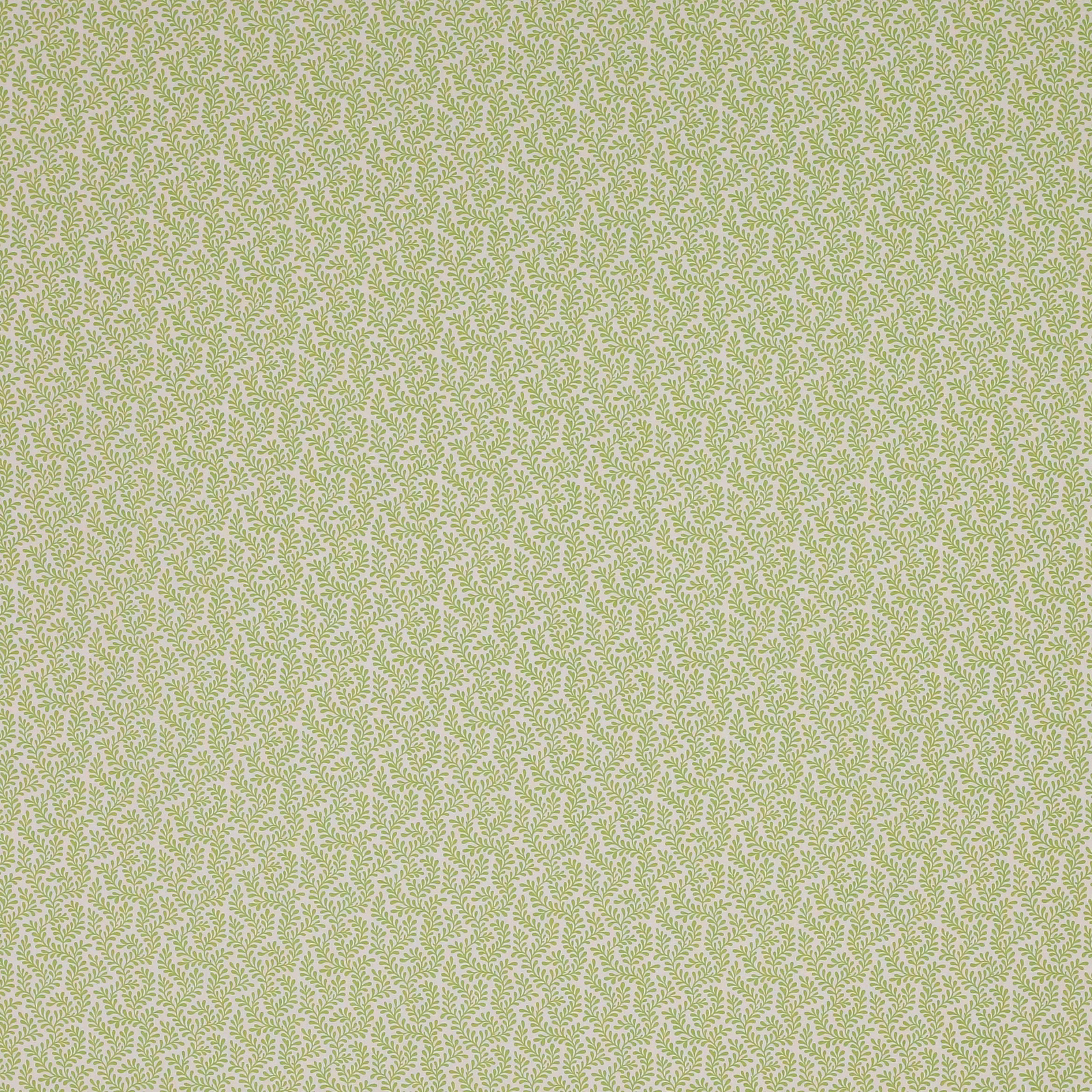 Close-up of small sage leaf motif on a pale neutral fabric ground