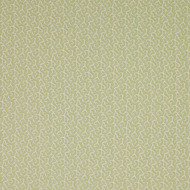 Close-up of small sage leaf motif on a pale neutral fabric ground