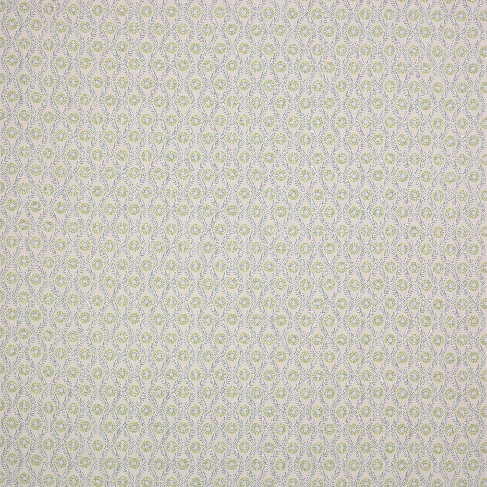 Small repeating leaf motifs in sage and aqua on a pale linen ground