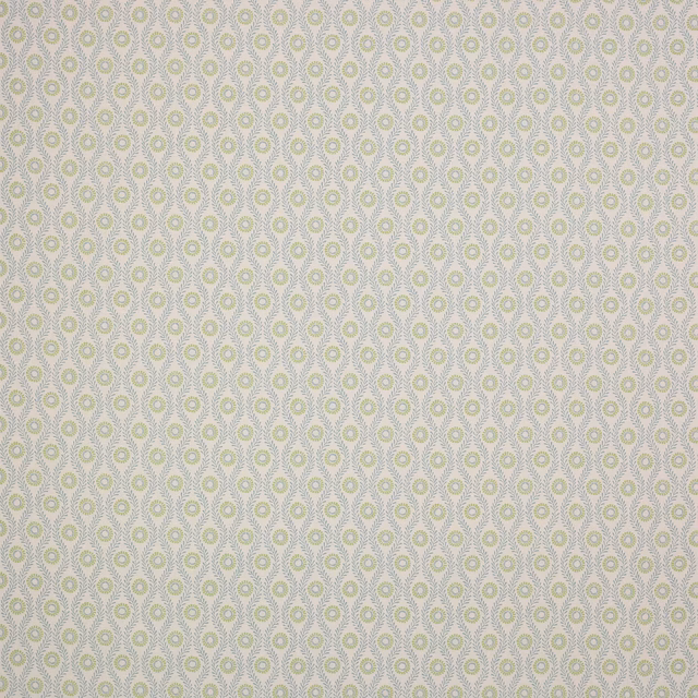 Small repeating leaf motifs in sage and aqua on a pale linen ground