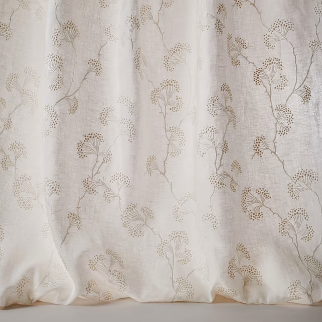 Ivory linen-blend sheer curtain with delicate taupe botanical trails