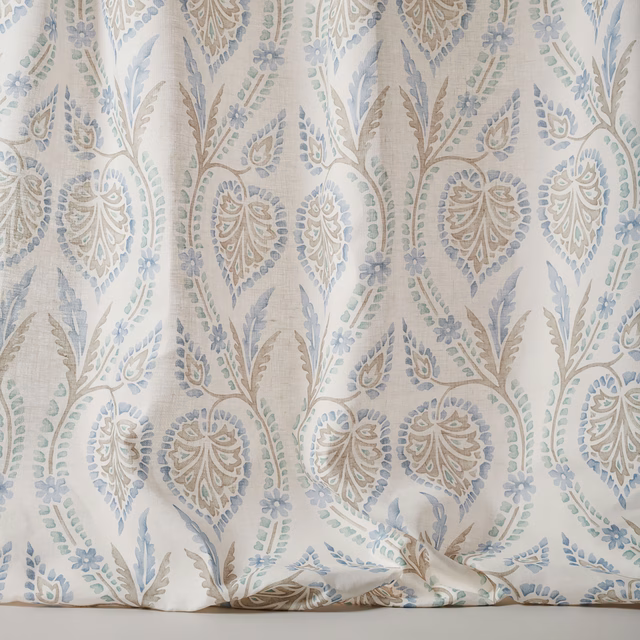 Cream linen curtain fabric with large pale blue and beige damask motifs