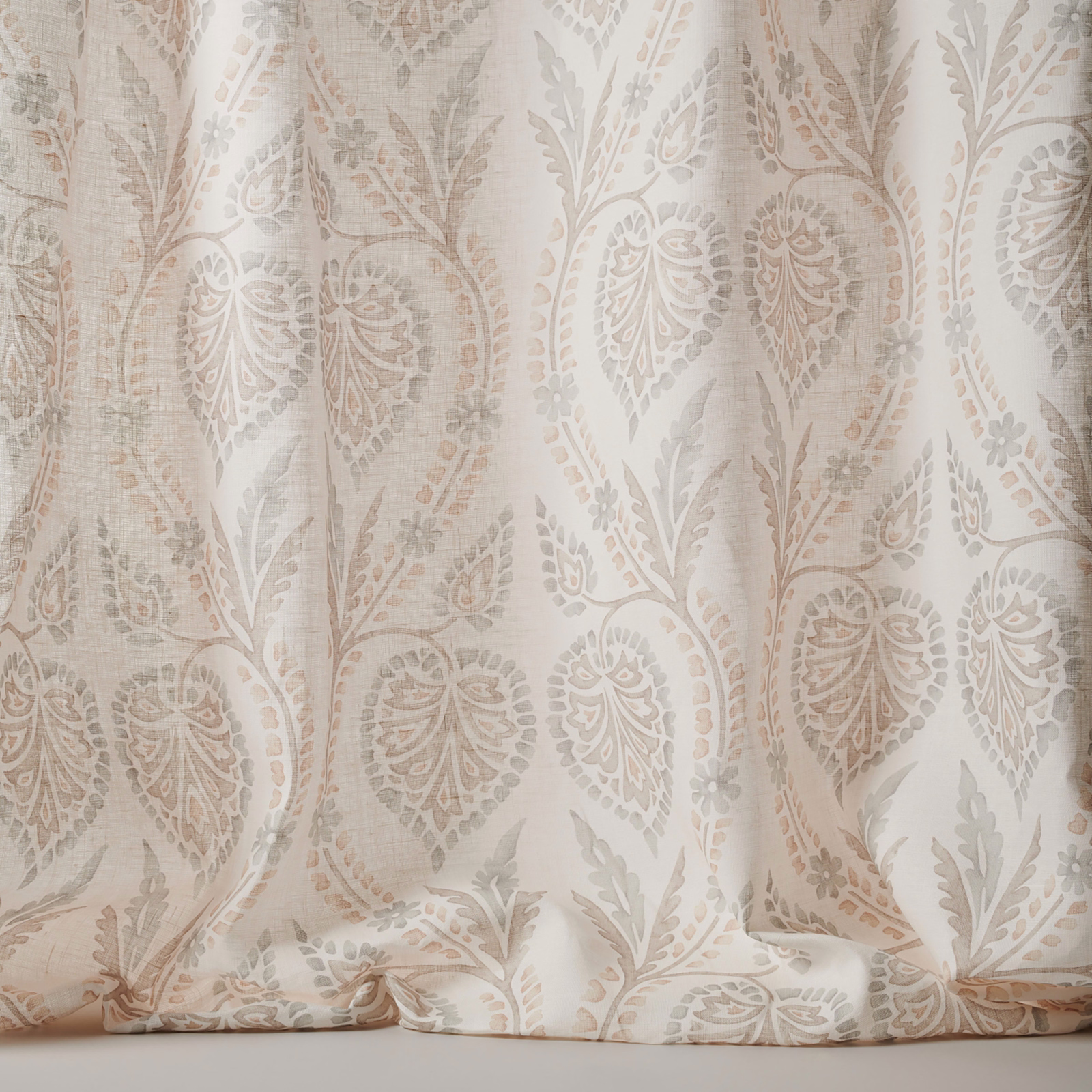 Pale silver-grey linen sheer with large damask leaf motifs