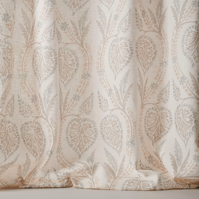Pale silver-grey linen sheer with large damask leaf motifs