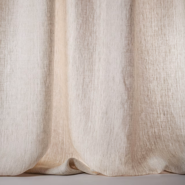 Soft warm beige linen sheer with subtle slubbed vertical texture and flowing folds