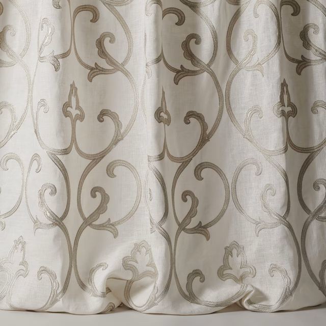 Pale silver-grey damask sheer fabric with scrolling motif and soft linen texture
