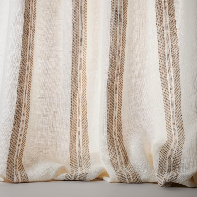 Cream linen sheer with vertical beige stripes and soft woven texture