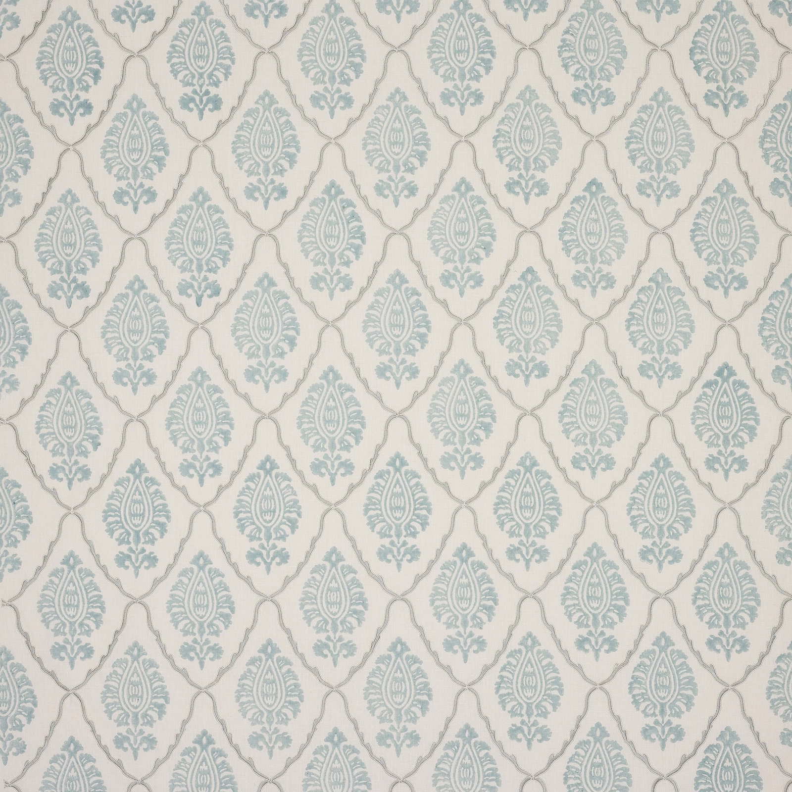 Pale aqua damask motif on an ivory woven fabric swatch