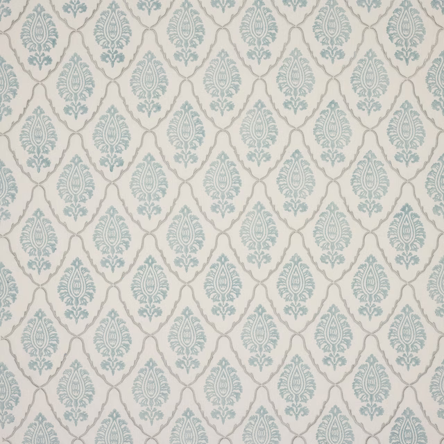 Pale aqua damask motif on an ivory woven fabric swatch