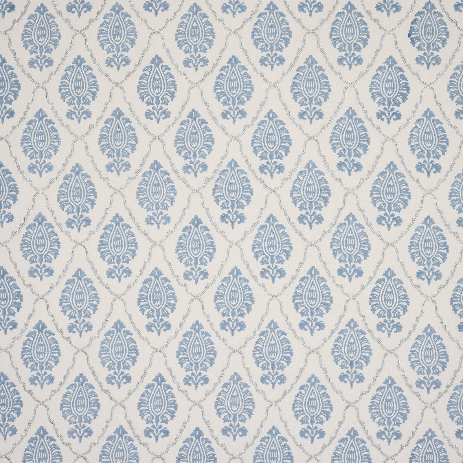 Pale blue damask motif on an ivory linen-blend fabric swatch