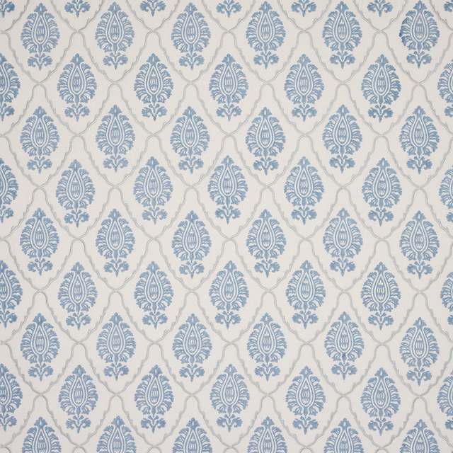 Pale blue damask motif on an ivory linen-blend fabric swatch