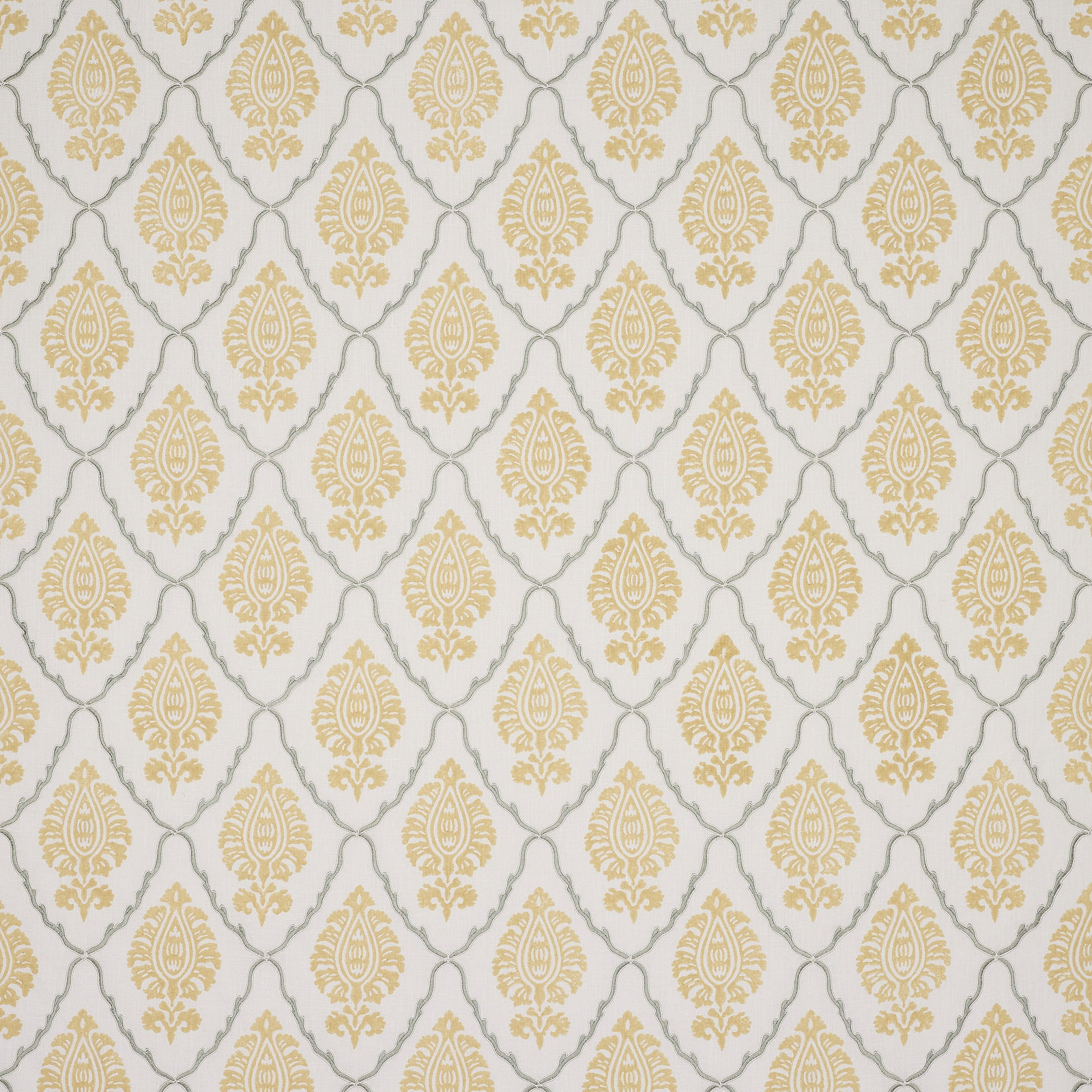 Pale gold damask fabric with grey outline on an ivory ground