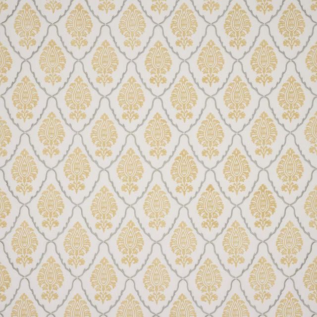 Pale gold damask fabric with grey outline on an ivory ground