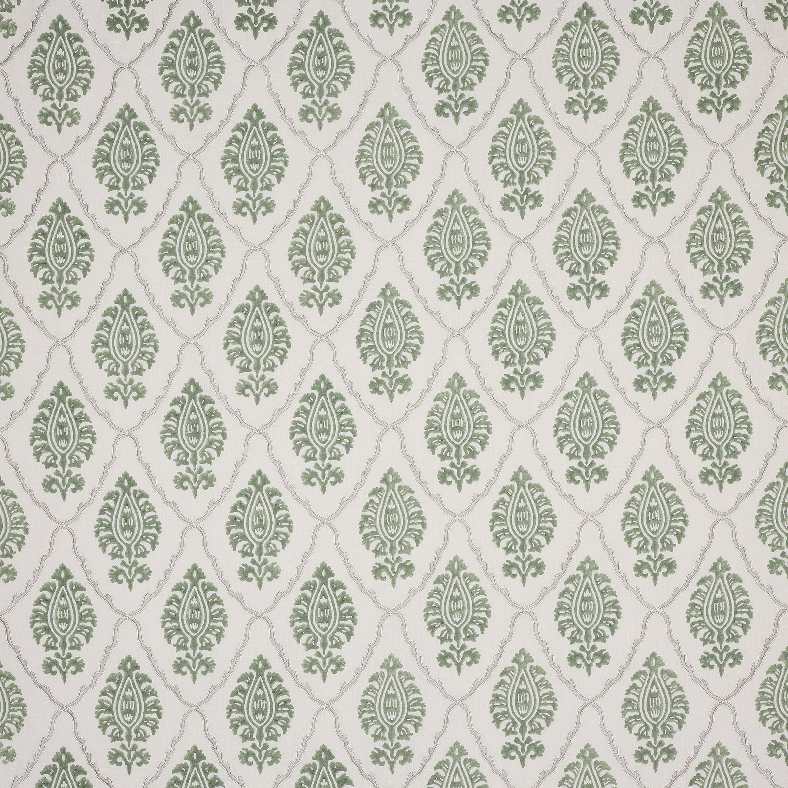Green damask motif on a pale linen ground, small repeating pattern