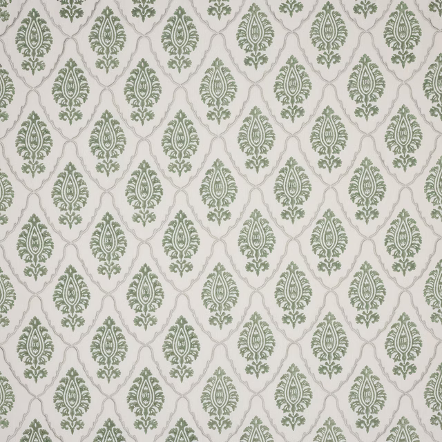 Green damask motif on a pale linen ground, small repeating pattern