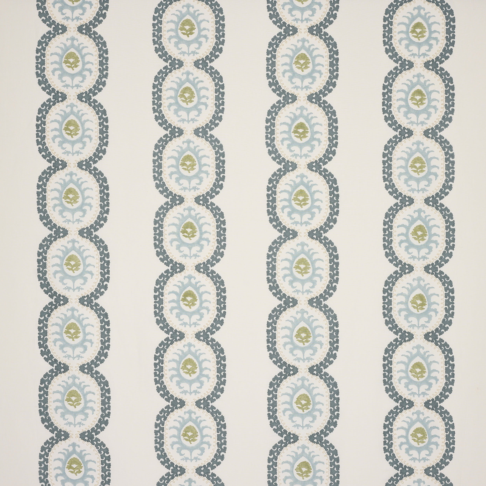 Blue and teal linked oval stripe fabric with olive centres on ivory ground