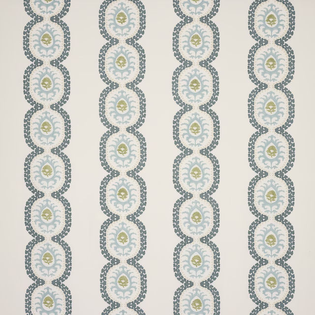 Blue and teal linked oval stripe fabric with olive centres on ivory ground