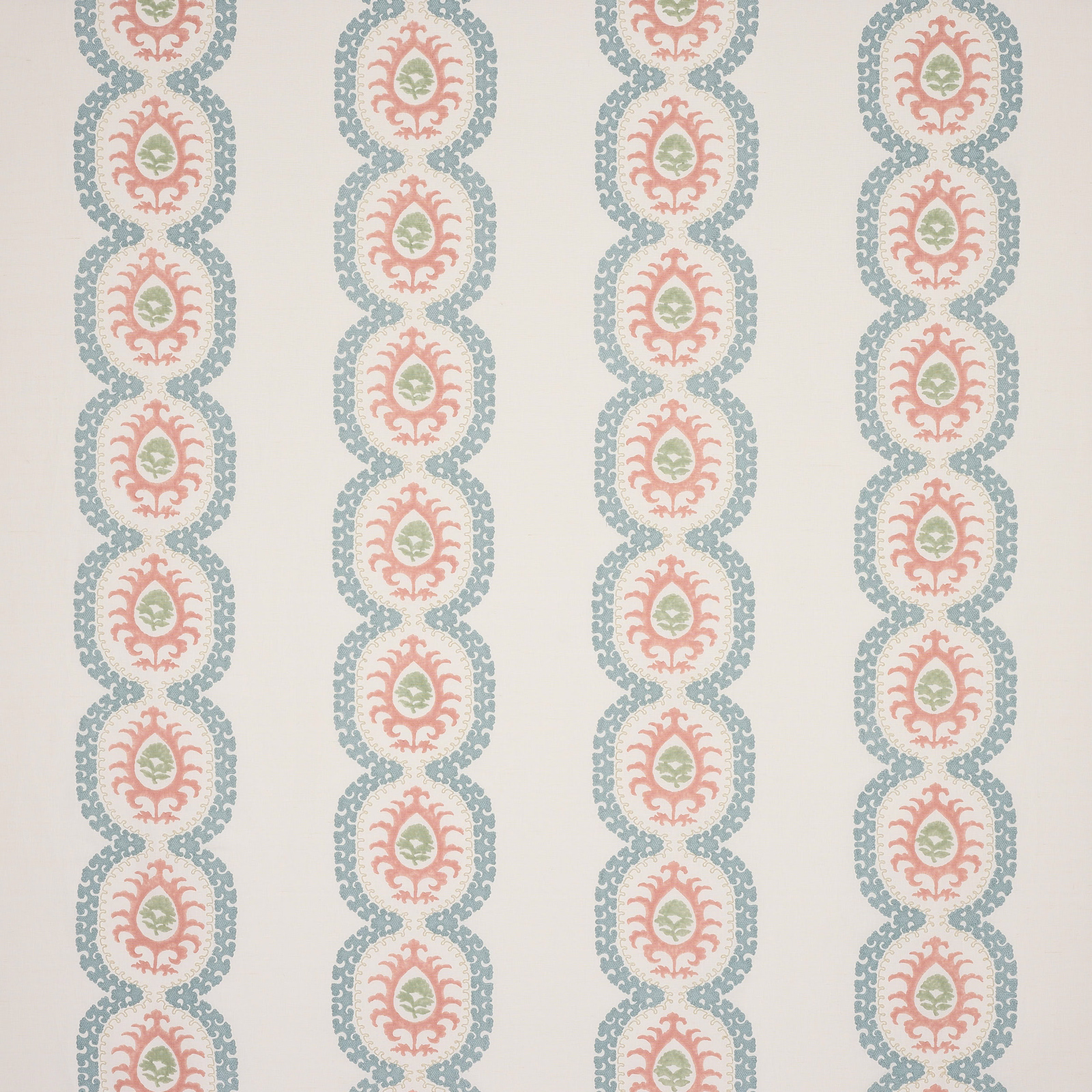 Vertical coral and aqua oval stripe fabric on a cream ground with small green centres