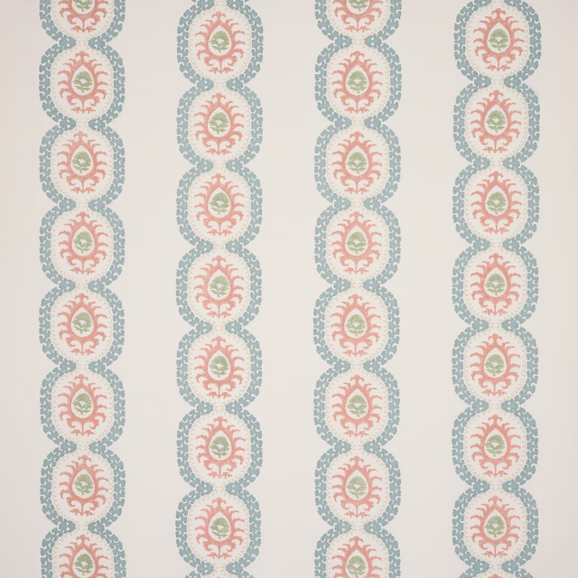 Vertical coral and aqua oval stripe fabric on a cream ground with small green centres