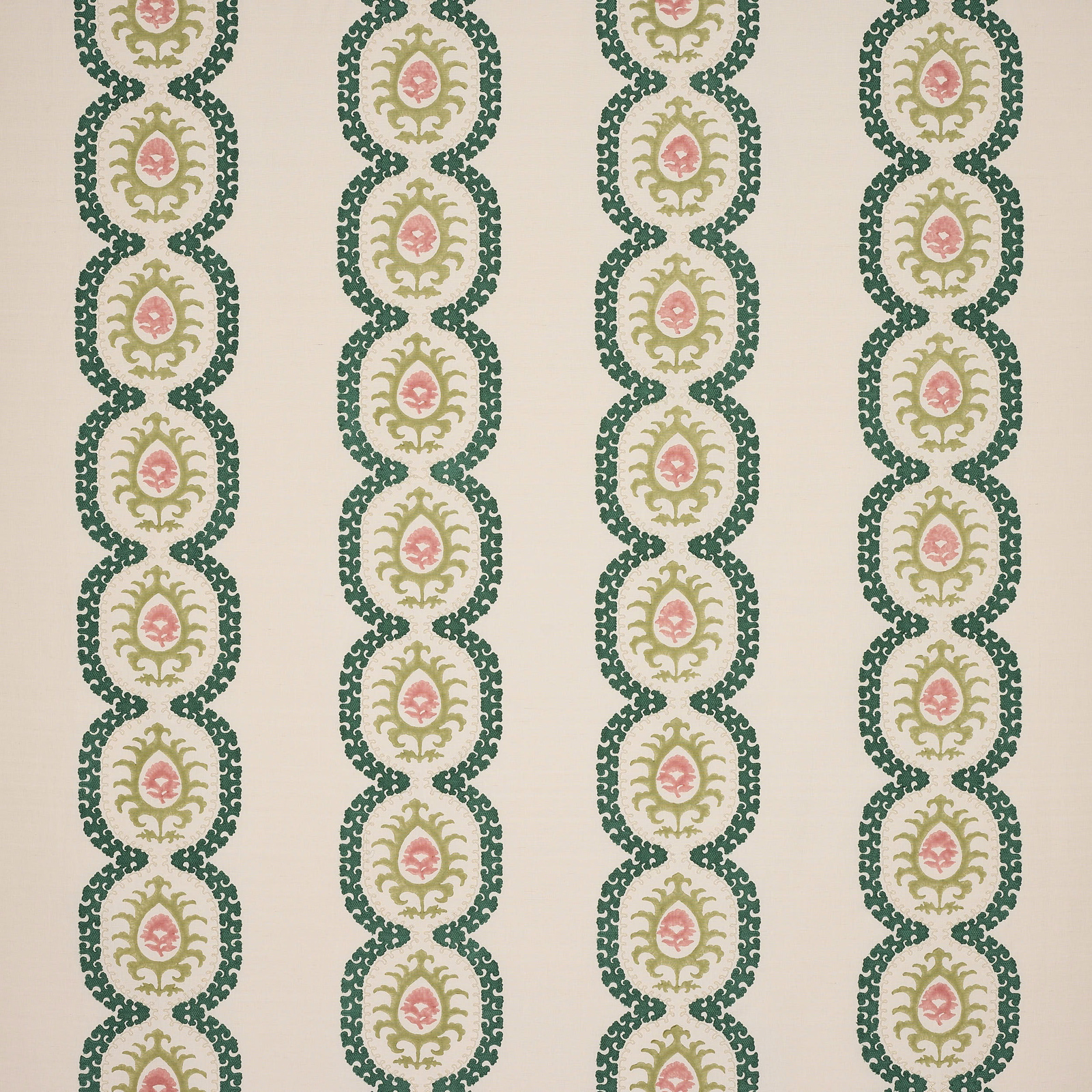 Cream fabric swatch with vertical forest green medallion stripes and pink centres