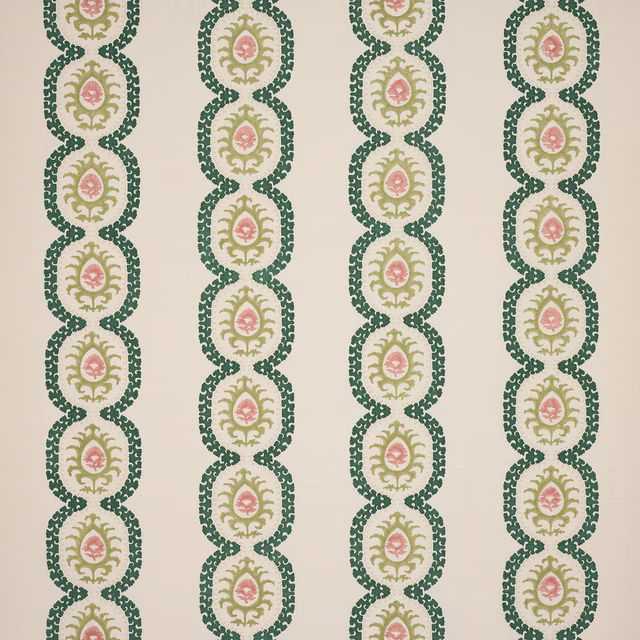 Cream fabric swatch with vertical forest green medallion stripes and pink centres