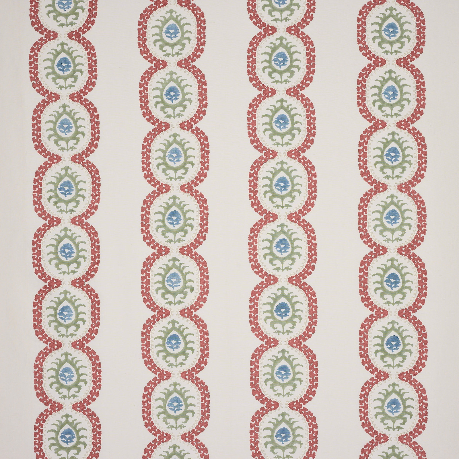 Ivory fabric with vertical red medallion stripes, sage scrolls and blue centres