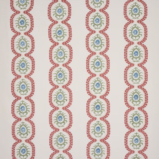Ivory fabric with vertical red medallion stripes, sage scrolls and blue centres