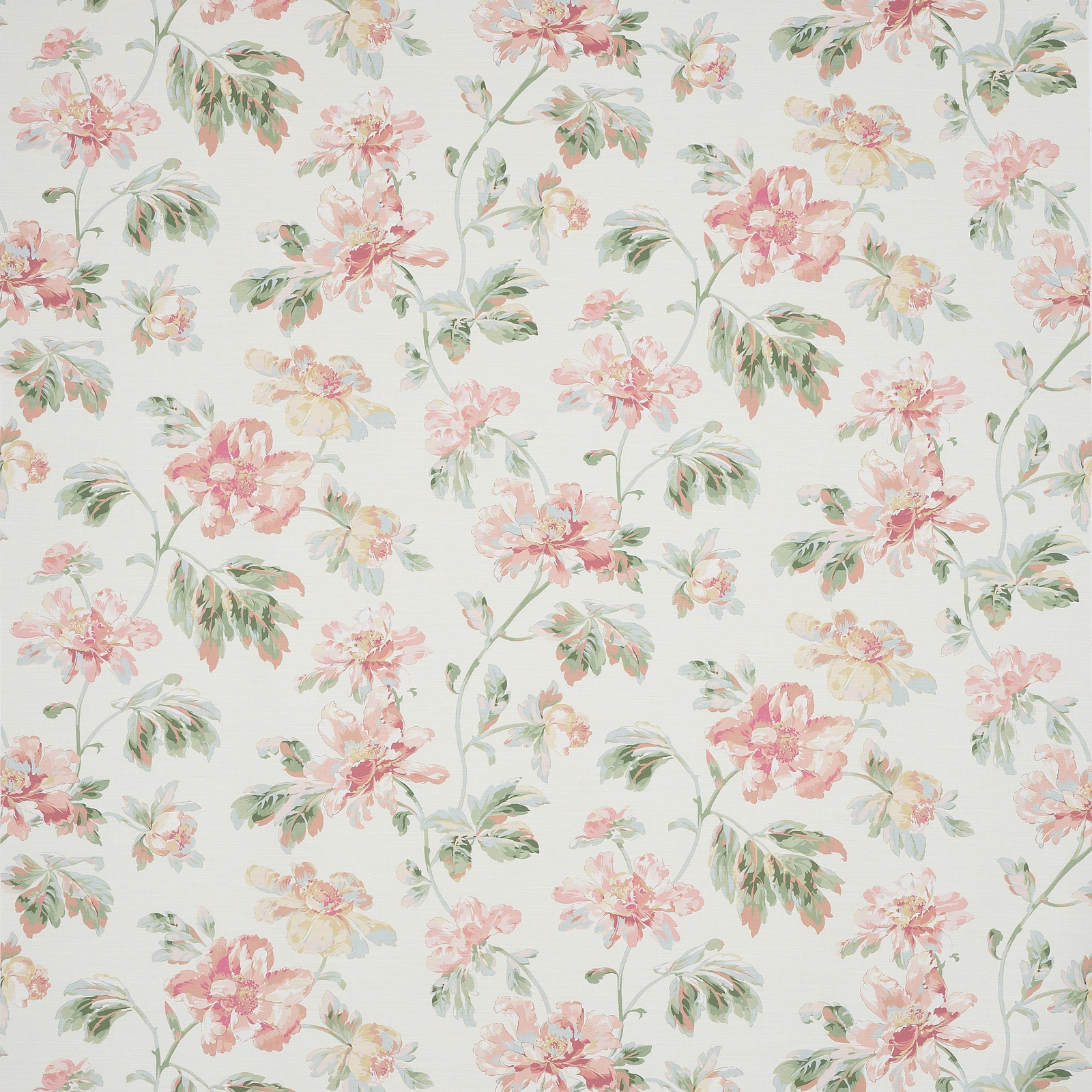 Painterly pink and apricot floral fabric with soft green leaves on ivory