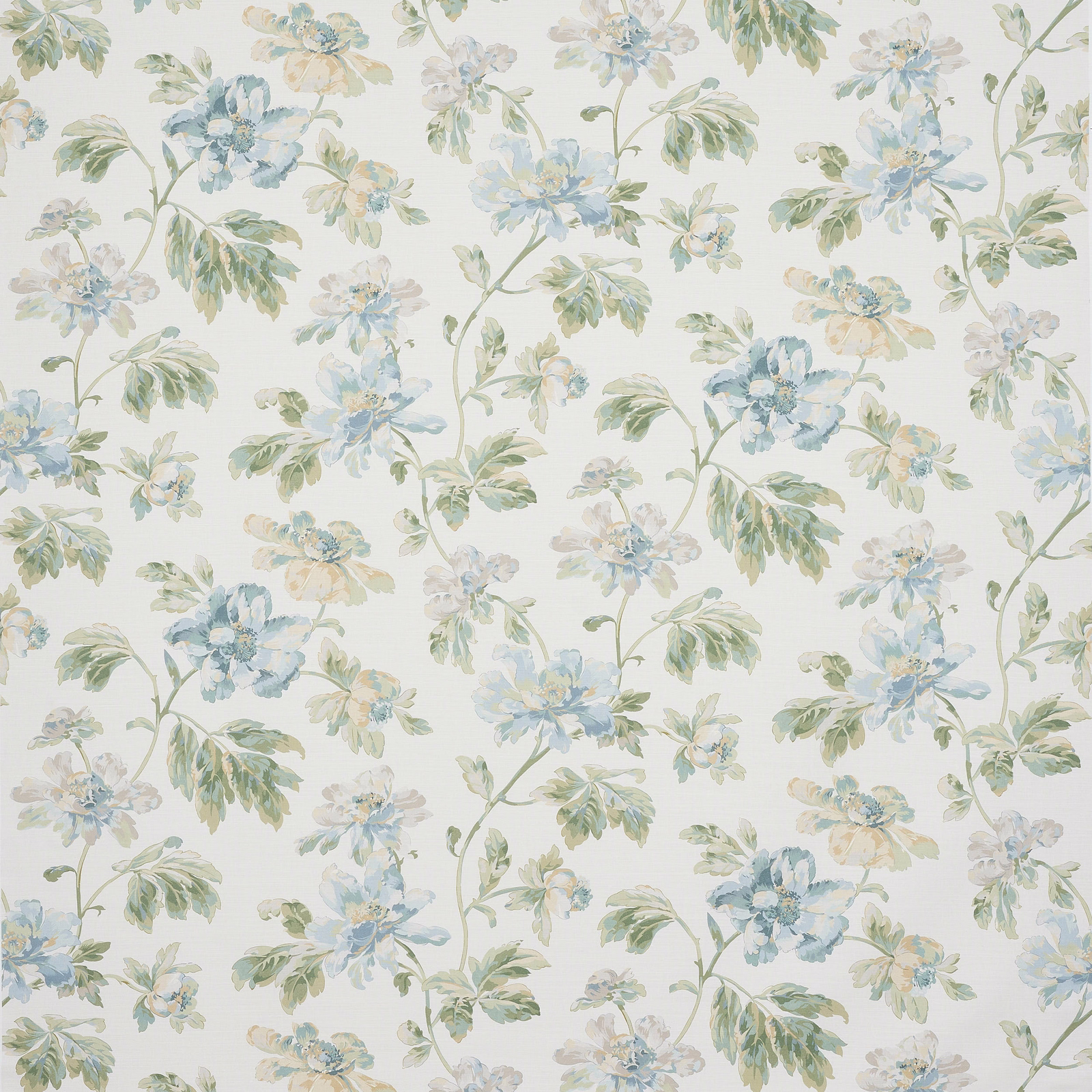 Pale floral fabric with blue-green blossoms, sage leaves and a light ground
