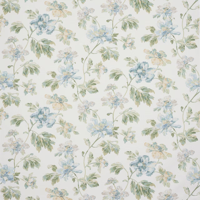 Pale floral fabric with blue-green blossoms, sage leaves and a light ground