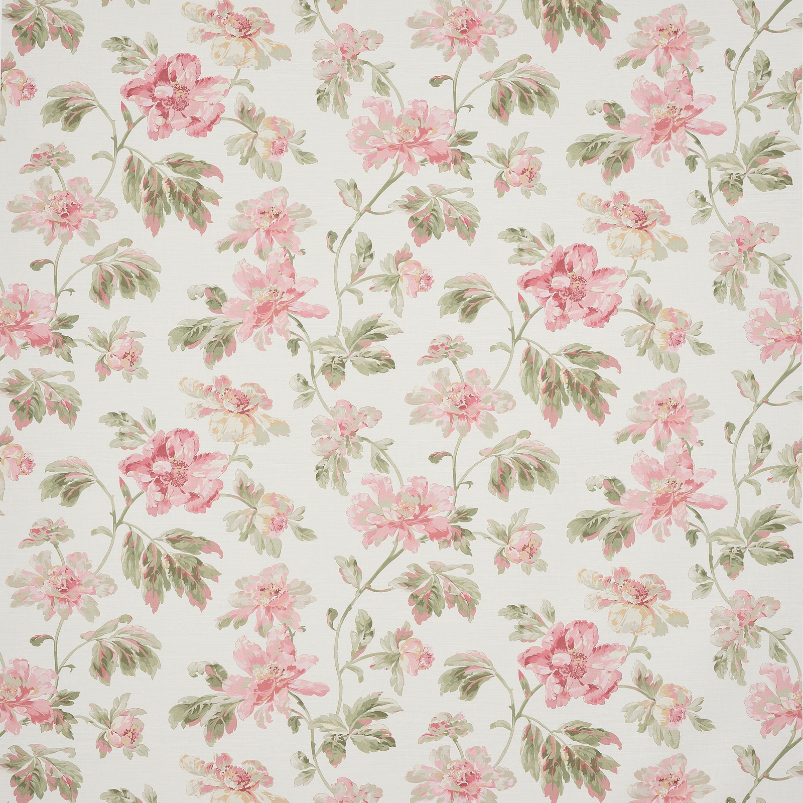 Large pink floral fabric with muted green leaves on a pale ground