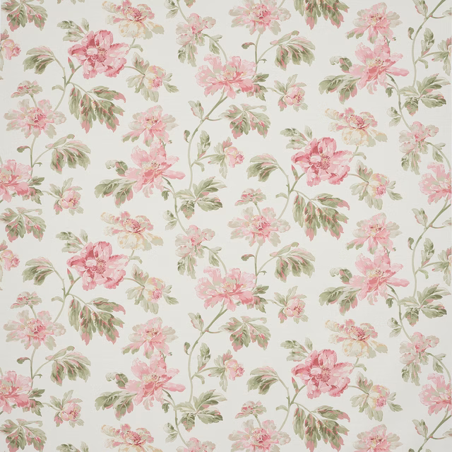 Large pink floral fabric with muted green leaves on a pale ground