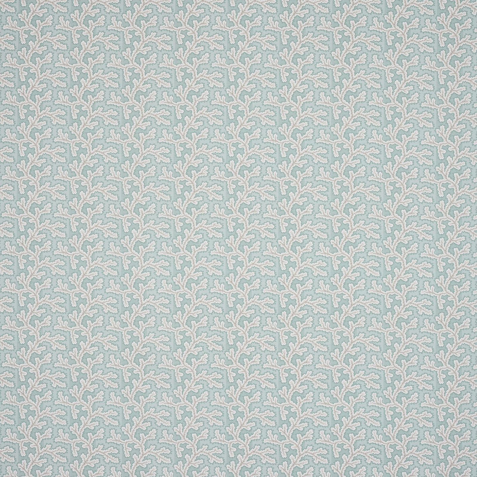 Pale aqua woven fabric with small scrolling leaf pattern