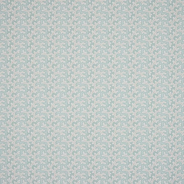 Pale aqua woven fabric with small scrolling leaf pattern