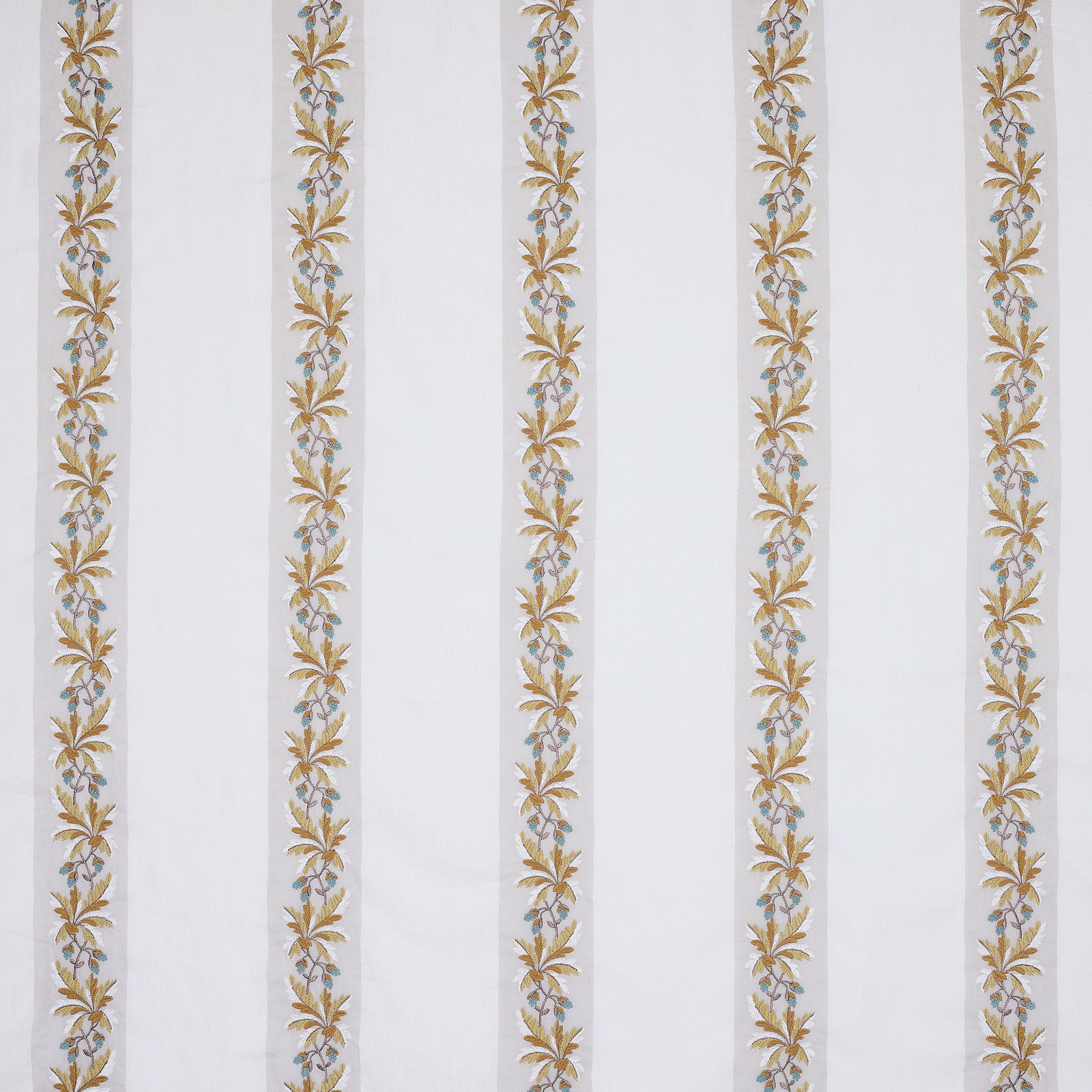 Ivory fabric with narrow vertical gold floral stripes and a tailored woven texture