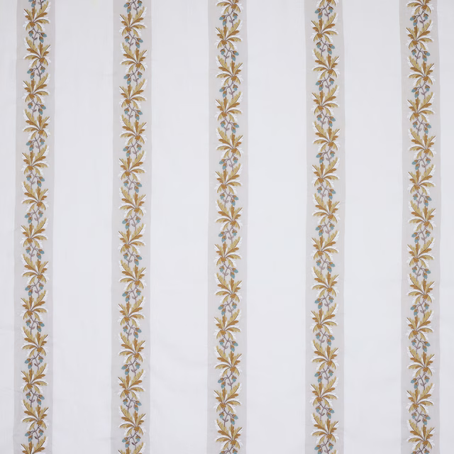 Ivory fabric with narrow vertical gold floral stripes and a tailored woven texture