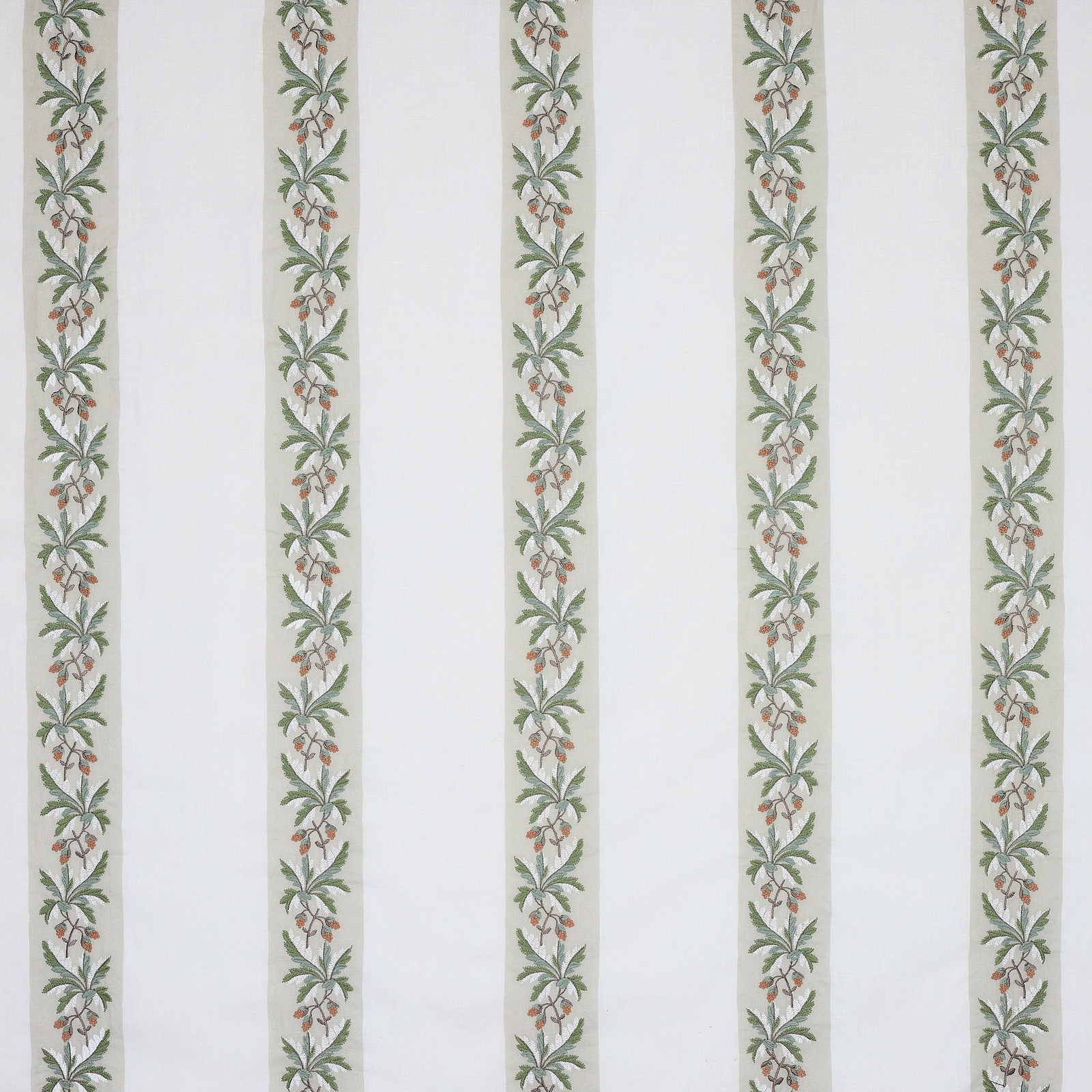 Vertical botanical stripe with soft green leaf garlands on a pale ground